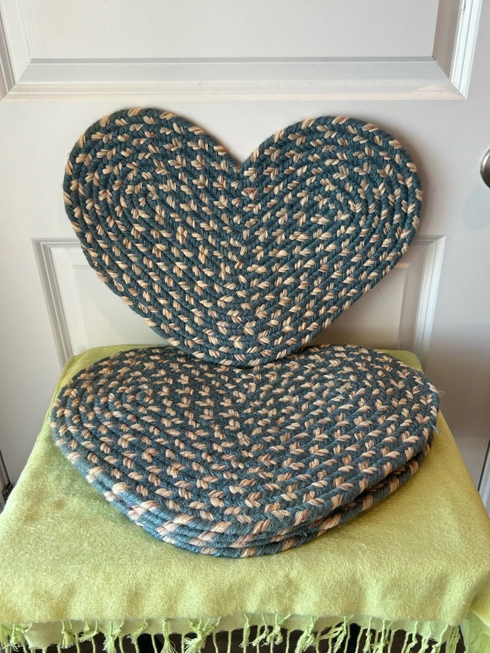 Handwoven Teal and Natural Heart-Shaped Braided Placemat. Set of 5